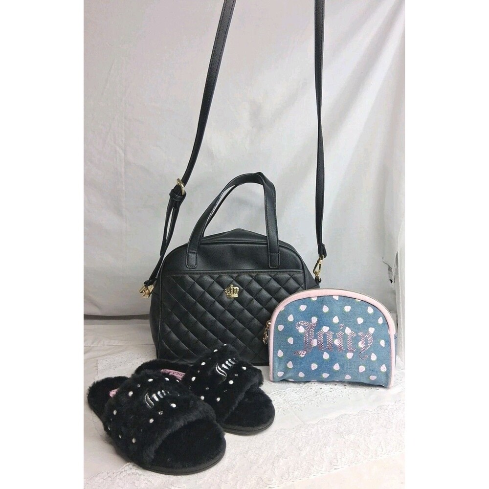 Juicy Couture Black Royal Crown Satchel Bag Crossbody Purse Makeup Bag & Slipper